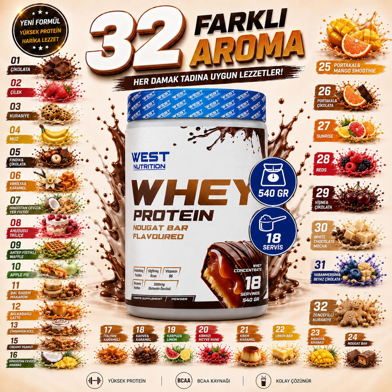Whey Protein Tozu 540 gr 18 Servis Efsane Aromalar Fırsat