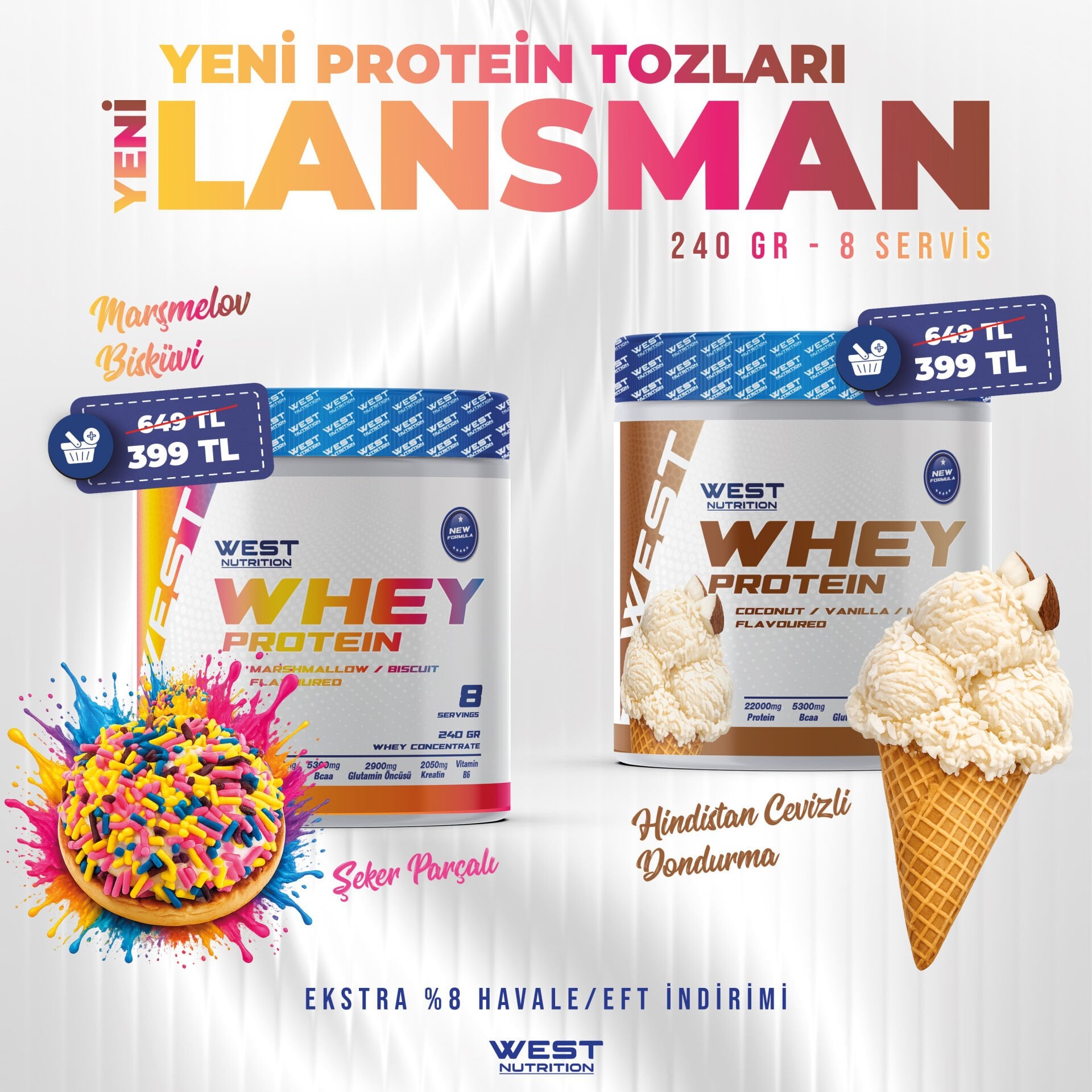 Whey Protein Tozu 240 gr 8 Servis Lansman